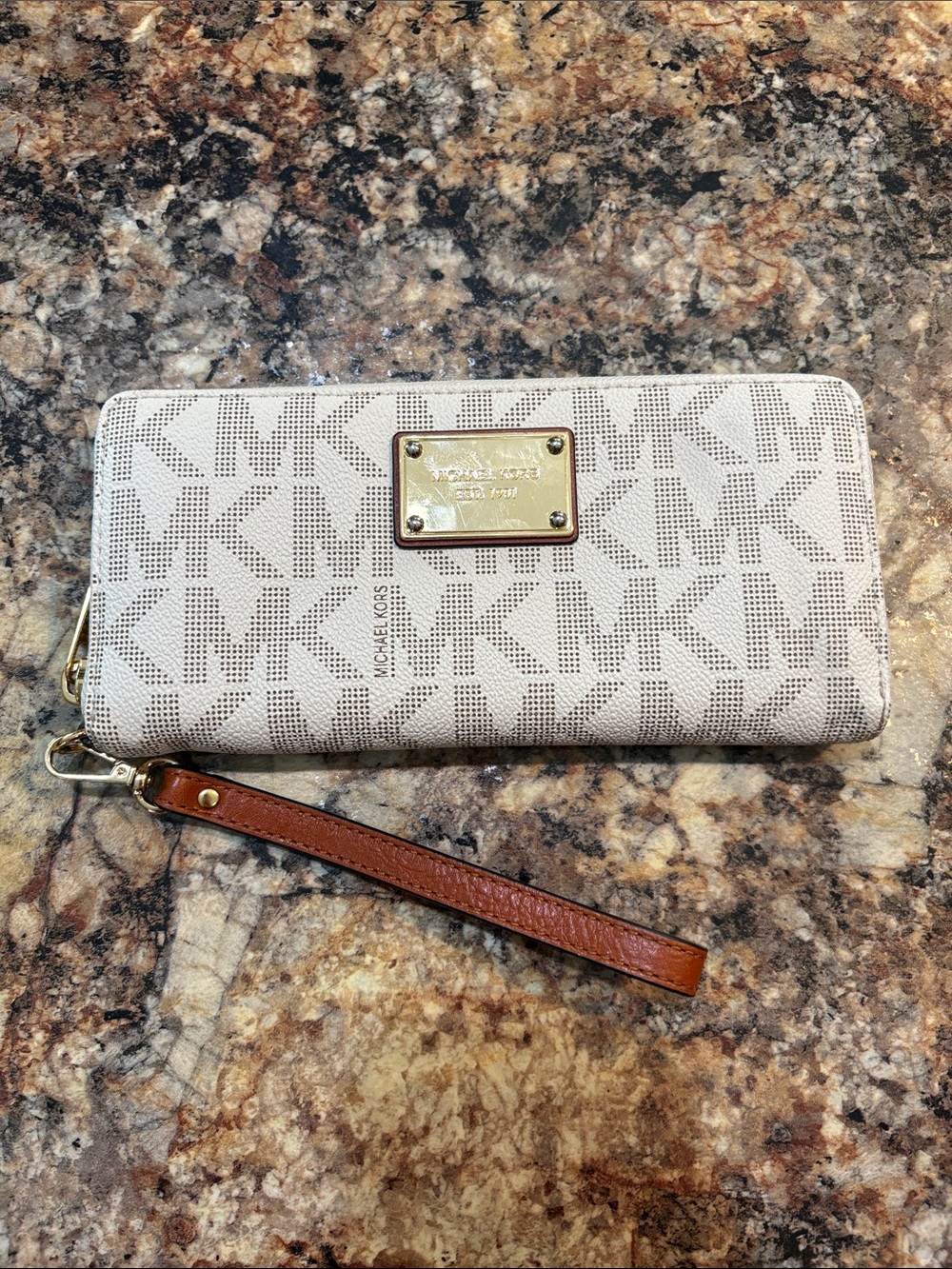 Michael Kors Cream and Tan MK Logo Zip Wristlet Wallet.